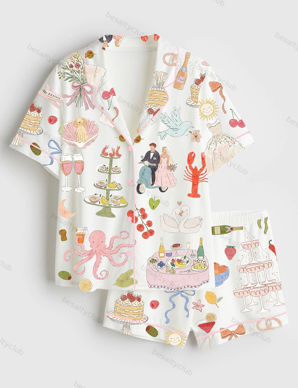 Whimsical Hand Drawn Watercolor Wedding Dolce Vita Summer Print Short Sleeve Satin Pajama Set