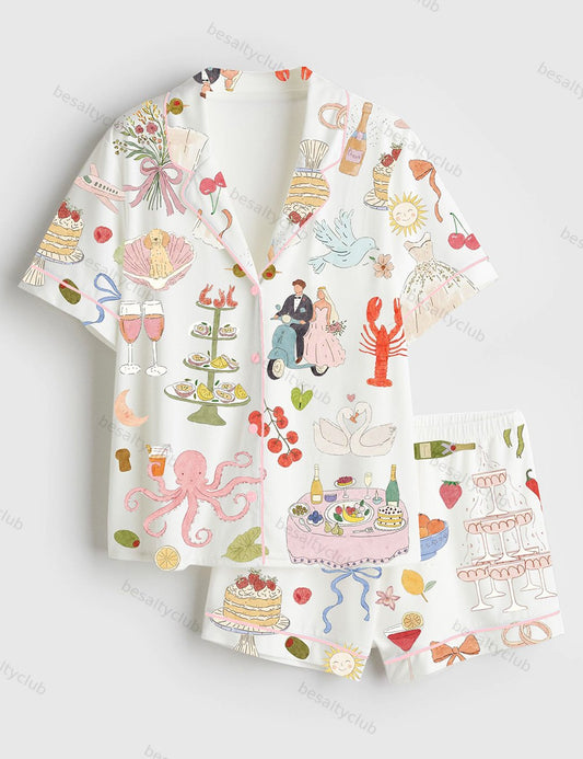 Whimsical Hand Drawn Watercolor Wedding Dolce Vita Summer Print Short Sleeve Satin Pajama Set
