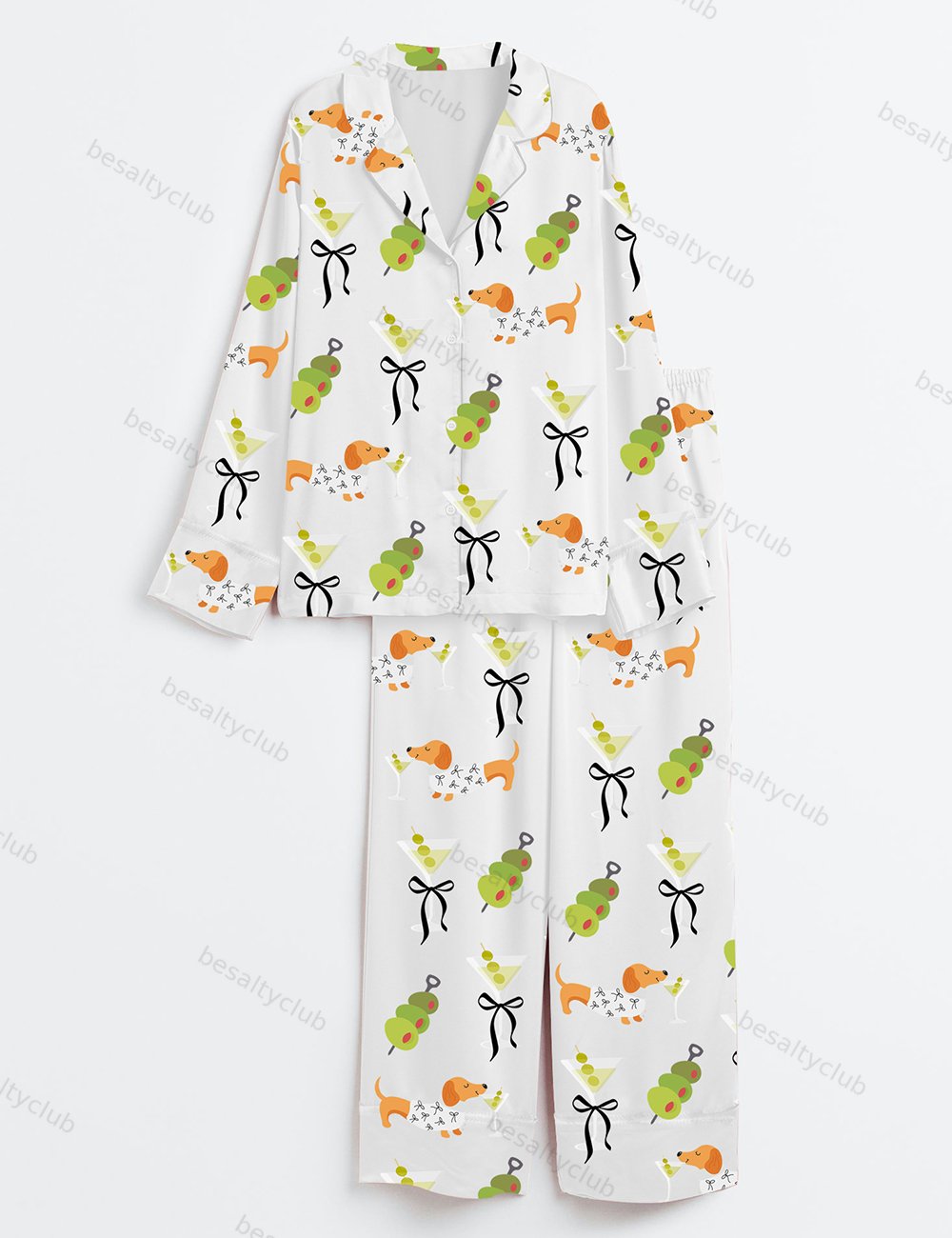 Dachshund Weenies And Tinis Bow Bachelorette Hot Dogs And Martinis Print Long Sleeve Satin Pajama Set