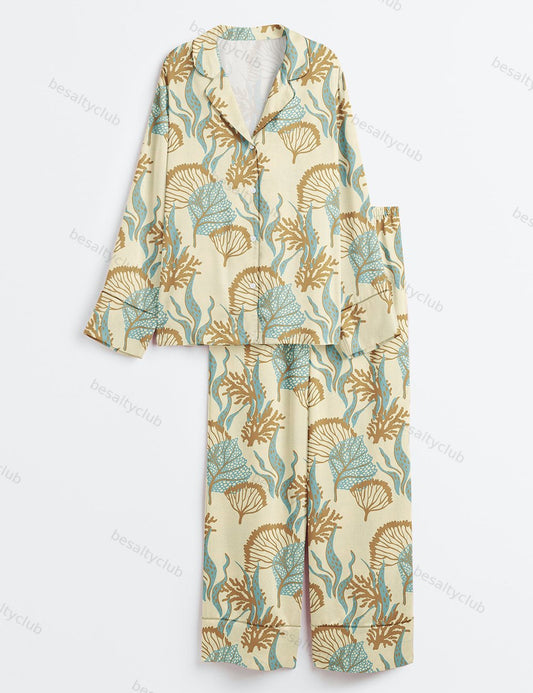 A Calming Coastal Coral Creation Long Sleeve Satin Pajama Set