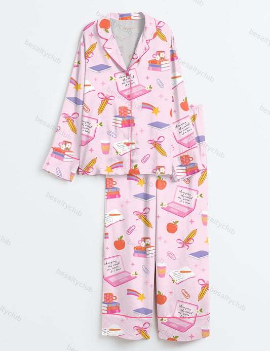 Pink Coquette Girly Teacher Long Sleeve Satin Pajama Set