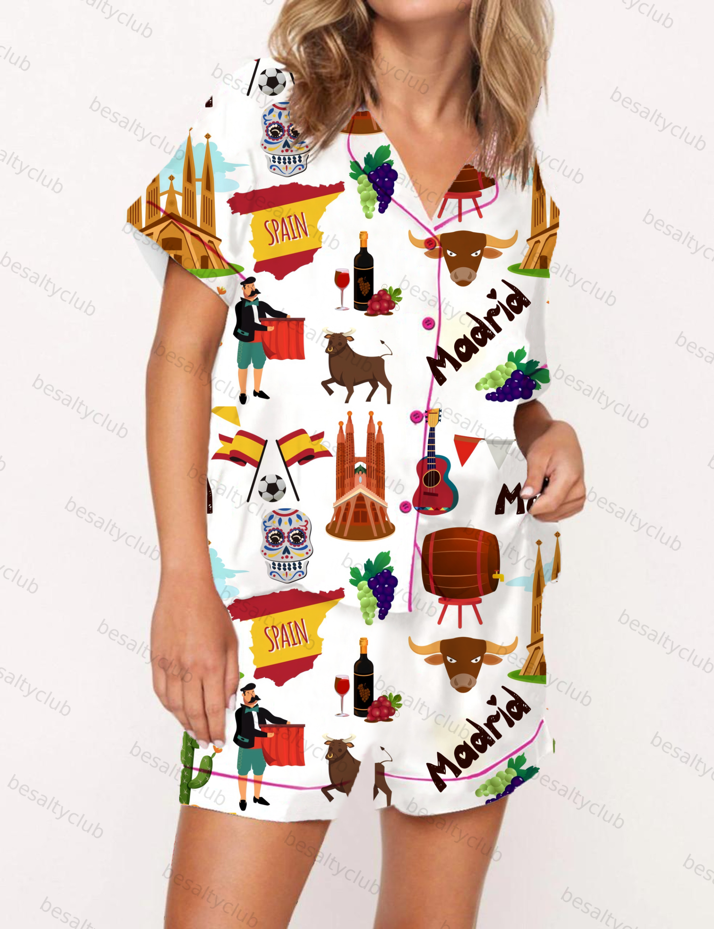 Spain Madrid Travel Silky Satin Pajama Short Set