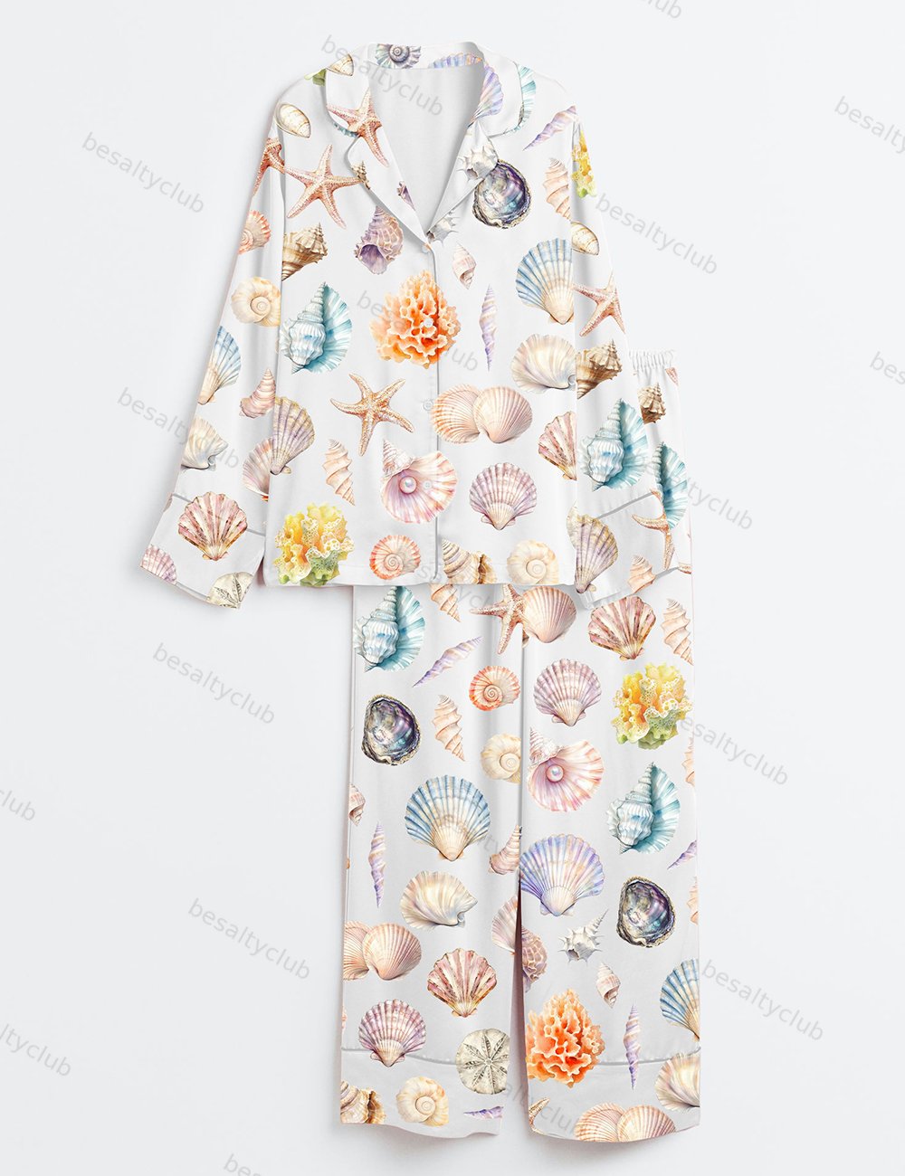 Ocean Sea Shell Beach Wedding Coastal Summer Beach Print Long Sleeve Satin Pajama Set