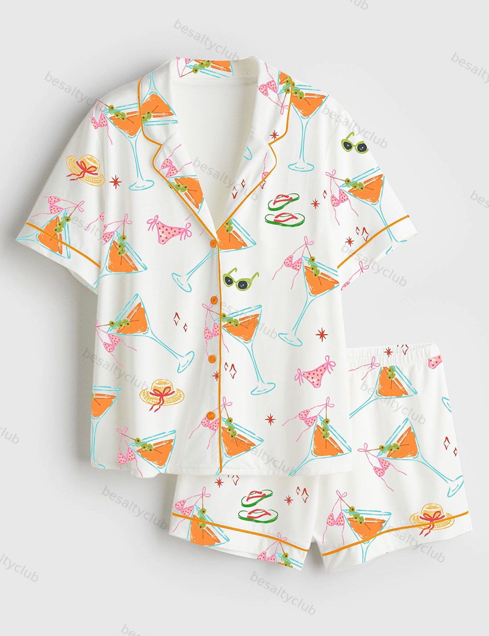 Bikinis And Martinis Bachelorette Party Cape Cod Girls Trip Summer Beach Print Short Sleeve Satin Pajama Set