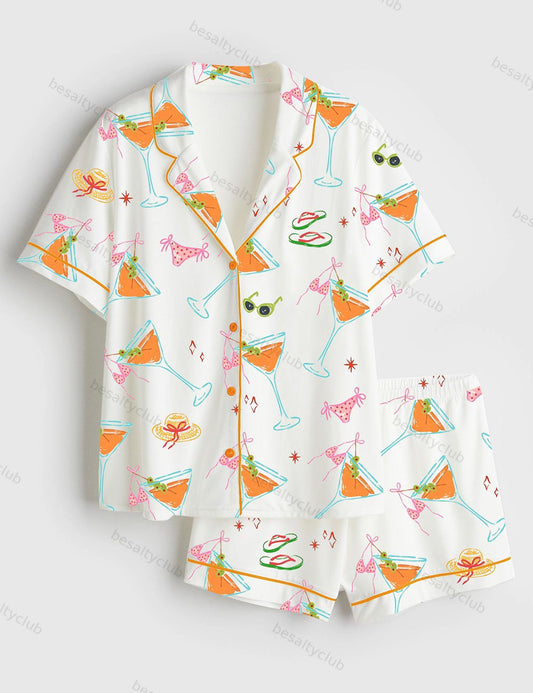 Bikinis And Martinis Bachelorette Party Cape Cod Girls Trip Summer Beach Print Short Sleeve Satin Pajama Set