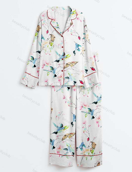 Bird And Butterfly Long Sleeve Satin Pajama Set