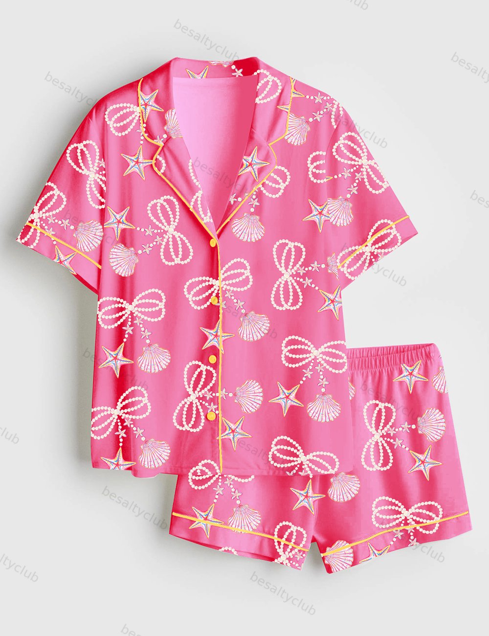 Coquette Pearl Bow Summer Vibes Pink Clam Summer Beach Print Short Sleeve Satin Pajama Set