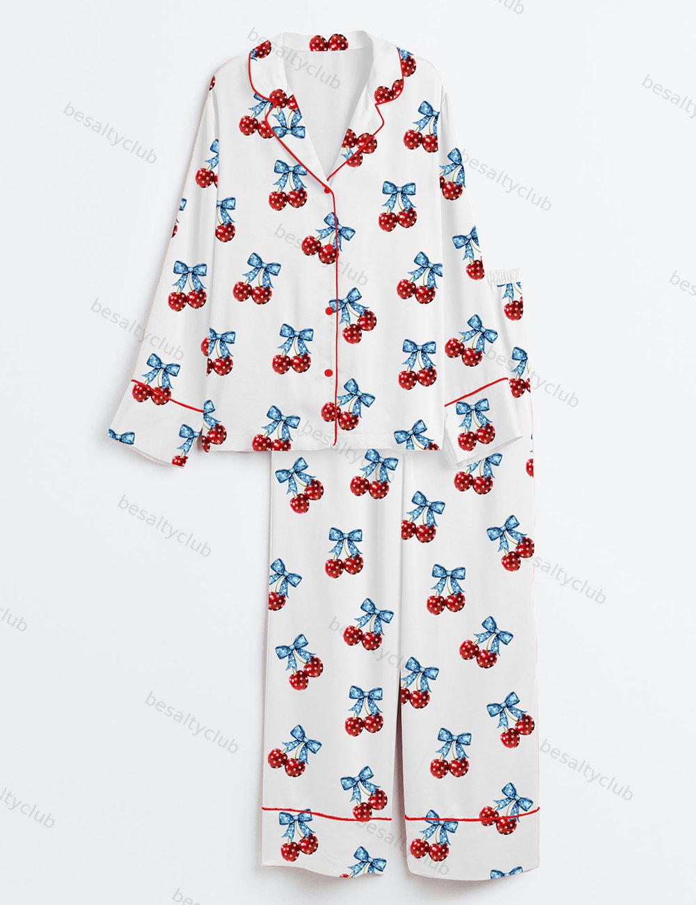 America Cherries Cherry Bow 4th Of July Long Sleeve Satin Pajama Set