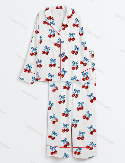 America Cherries Cherry Bow 4th Of July Long Sleeve Satin Pajama Set