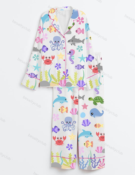 Cute Ocean Sea Animals Starfish Whale Octopus Shark Fish Turtle Seaweed Print Long Sleeve Satin Pajama Set