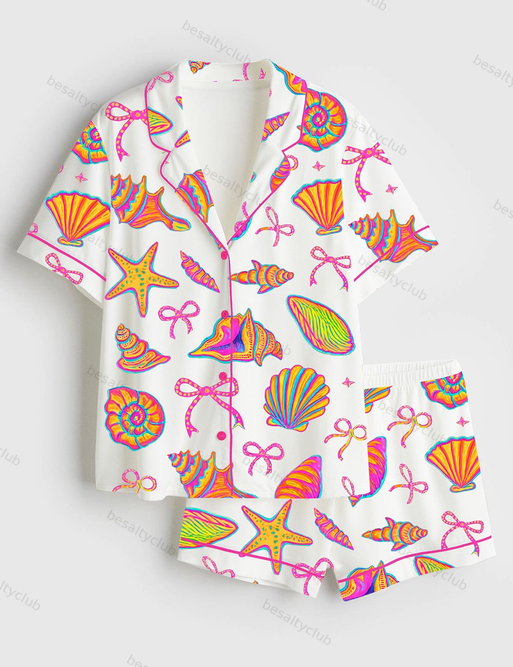 Coquette Seashell Beach Coastal Retro Summer Vibes Print Short Sleeve Satin Pajama Set