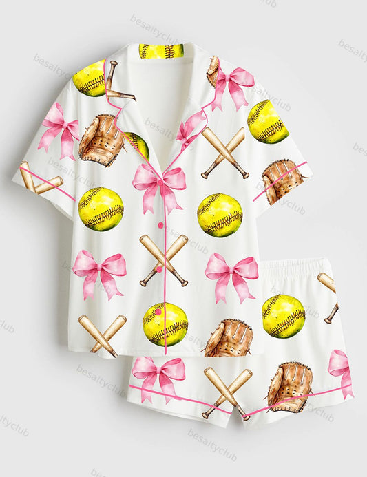 Softball Pink Coquette Bow Short Sleeve Satin Pajama Set