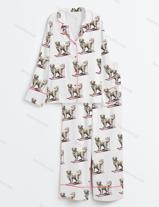 Golden Retriever Skiing Long Sleeve Satin Pajama Set