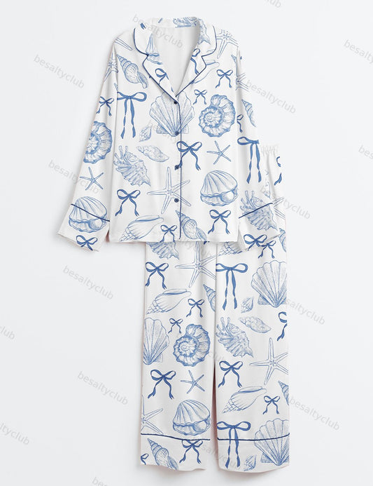 Coquette Seashell Beach Coastal Summer Vibes Print Long Sleeve Satin Pajama Set