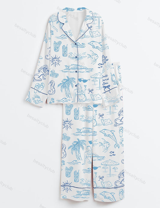Coastal Seaside Ocean Bachelorette Party Long Sleeve Satin Pajama Set