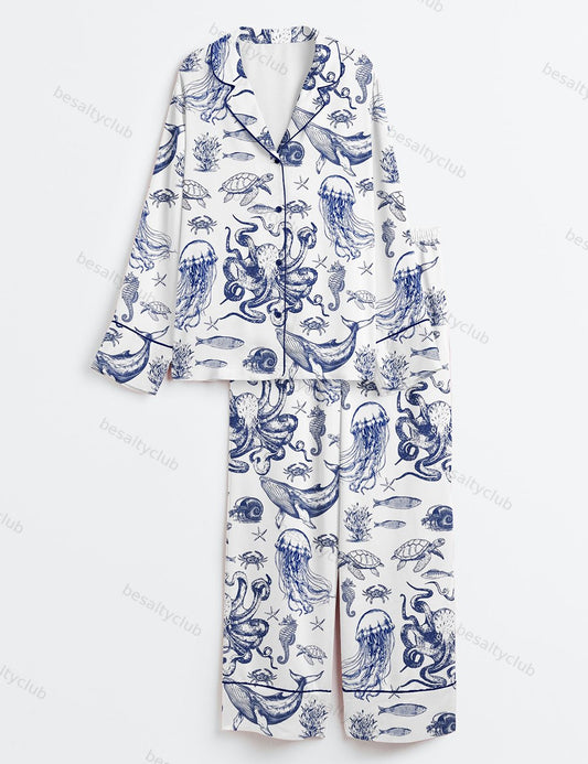 When You Go Through Deep Waters Christian Ocean Animal Print Long Sleeve Satin Pajama Set