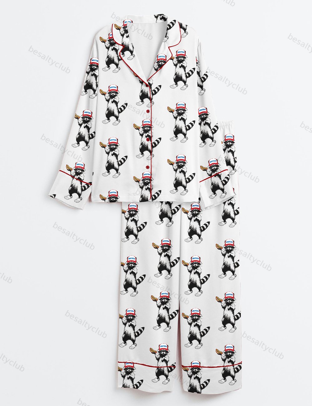 Red White And Feral Funny Raccoon 4th Of July Long Sleeve Satin Pajama Set