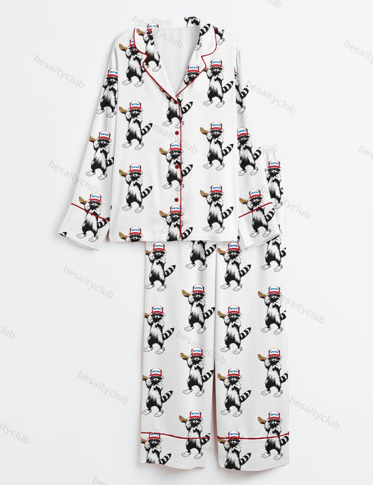 Red White And Feral Funny Raccoon 4th Of July Long Sleeve Satin Pajama Set