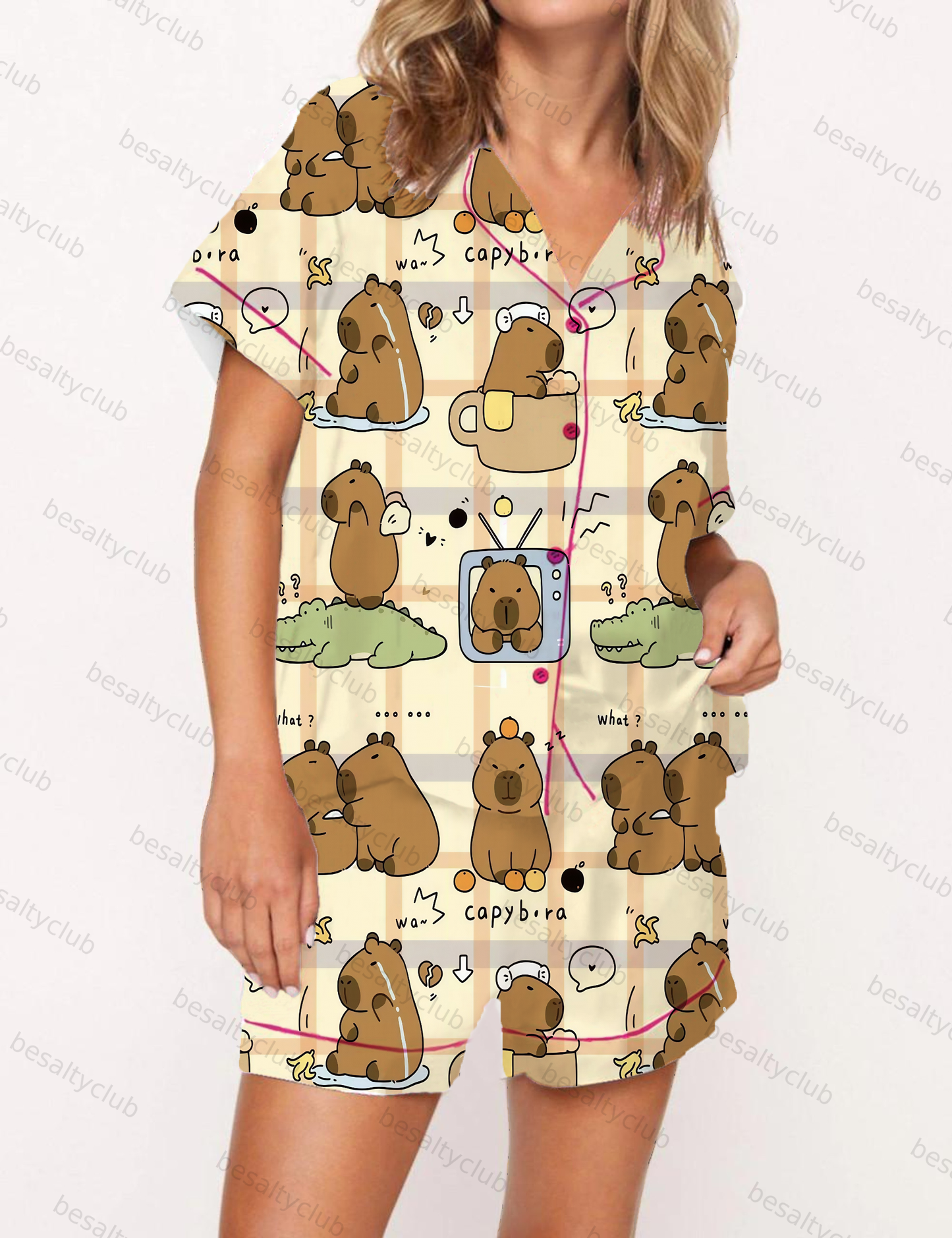 Fun Cartoon Scenes Capybara Satin Pajama Short Set