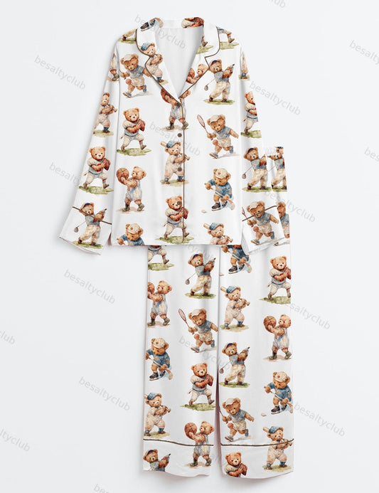 Vintage Teddy Bear Sports Watercolor Bear Playing Ball Print Long Sleeve Satin Pajama Set