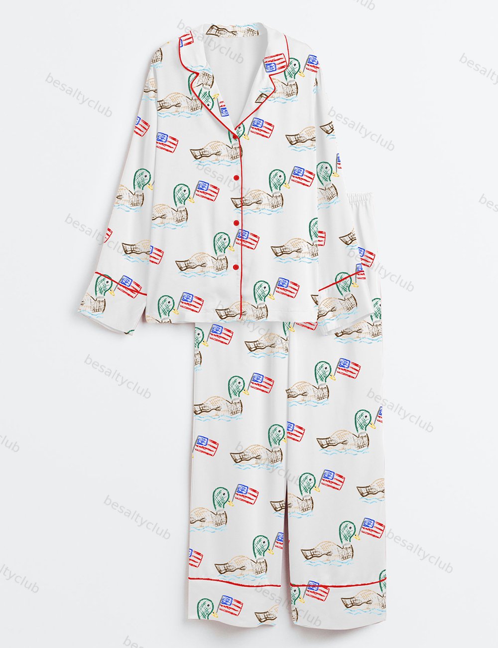 4th Of July Independence Day Patriotic USA Ducks Print Long Sleeve Satin Pajama Set