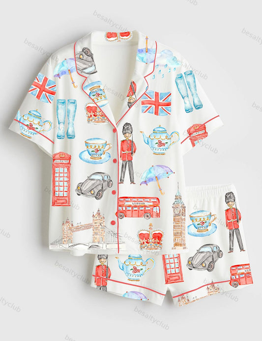 Watercolor London Art City Bus Sightseen Bridge Telephone Short Sleeve Satin Pajama Set