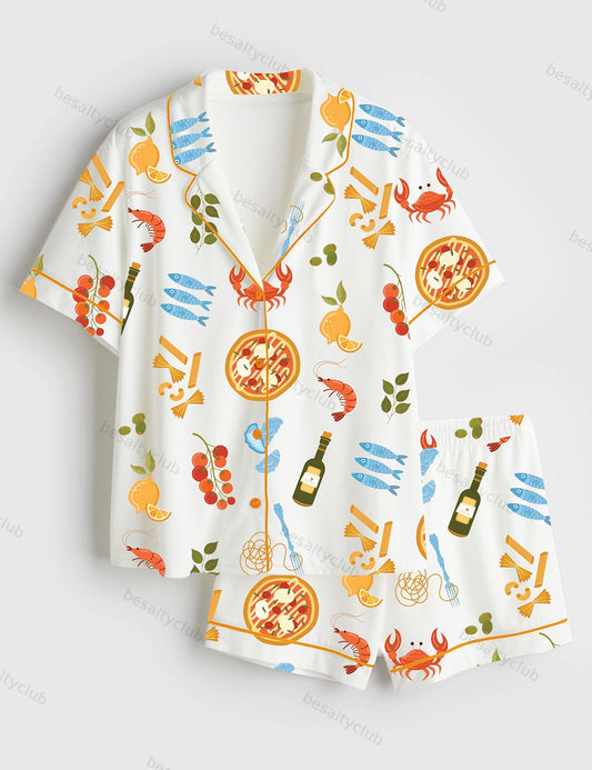 Italian Summer Fresh Pasta Twirls Juicy Tomatoes Aperol Spritzes And A Splash Of Olive Oil And Wine Short Sleeve Satin Pajama Set