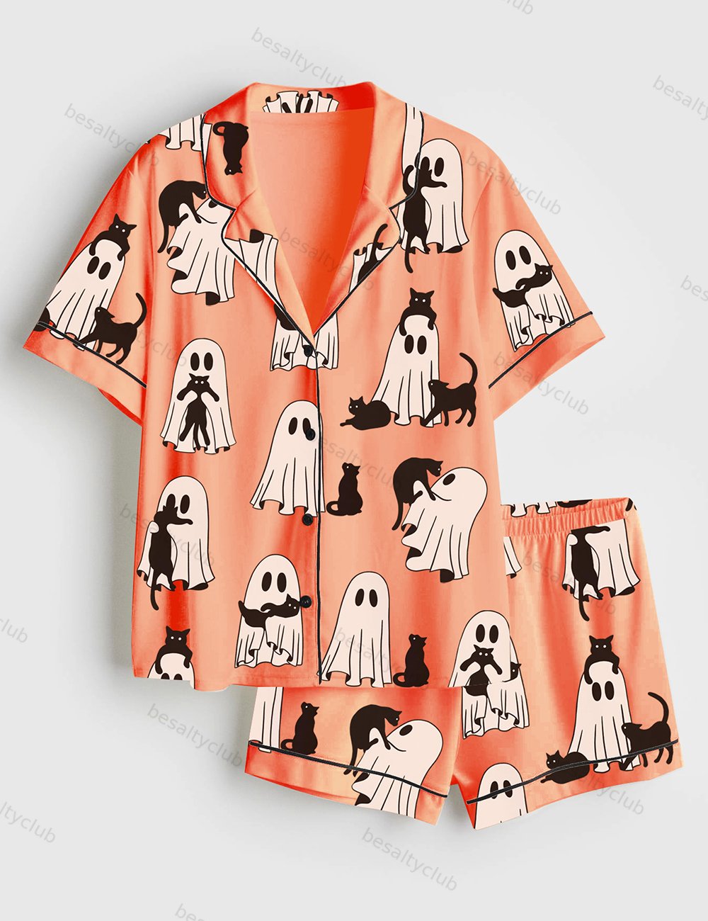 Ghost Cat Retro Ghost Halloween Spooky Season Short Sleeve Satin Pajama Set
