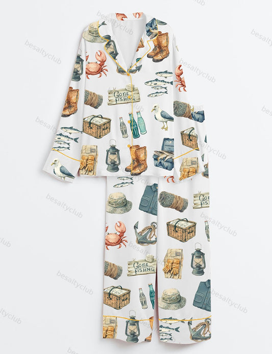 Nautical Watercolor Fisherman Aesthetic Fishing And Coastal Life Long Sleeve Satin Pajama Set