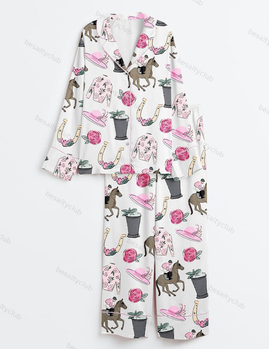 Kentucky Derby Vibes Run For The Roses Horse Racing Western Pink Long Sleeve Satin Pajama Set