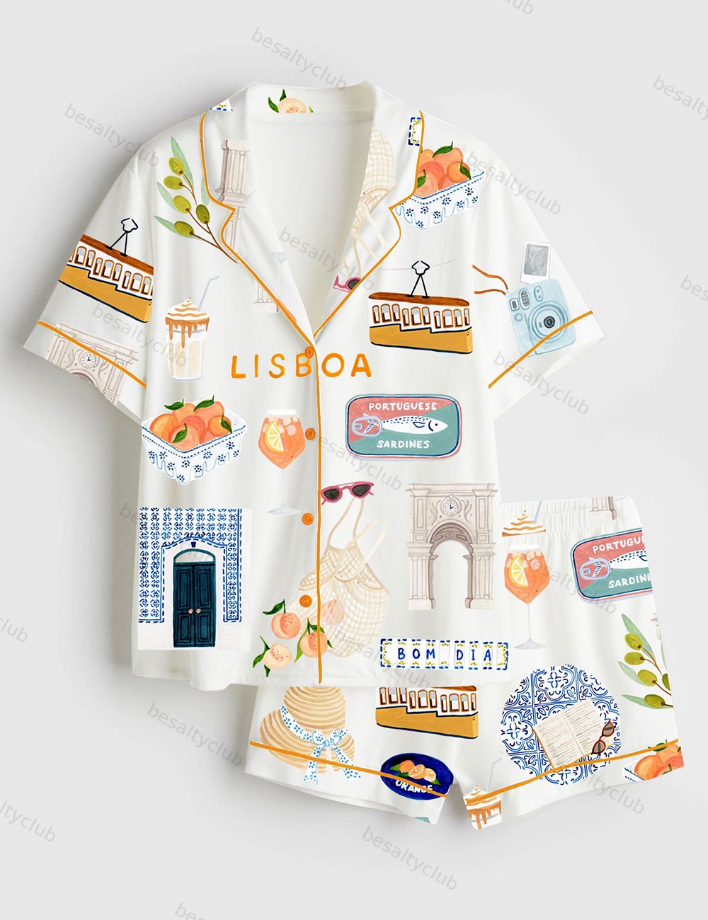Lisbon Travel Short Sleeve Satin Pajama Set