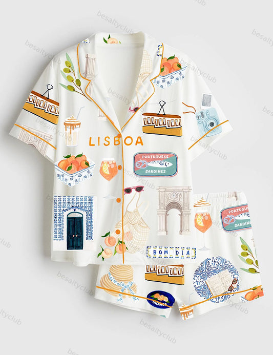 Lisbon Travel Short Sleeve Satin Pajama Set