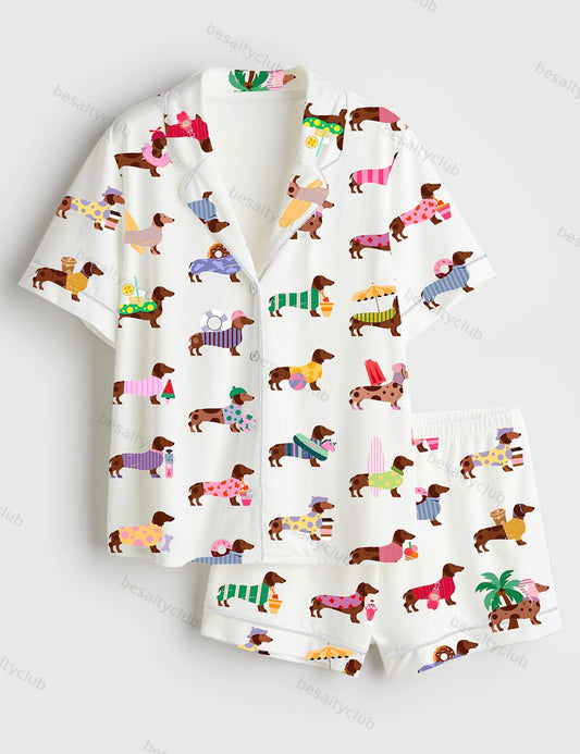 Summer Dachshund Winner Dog Short Sleeve Satin Pajama Set