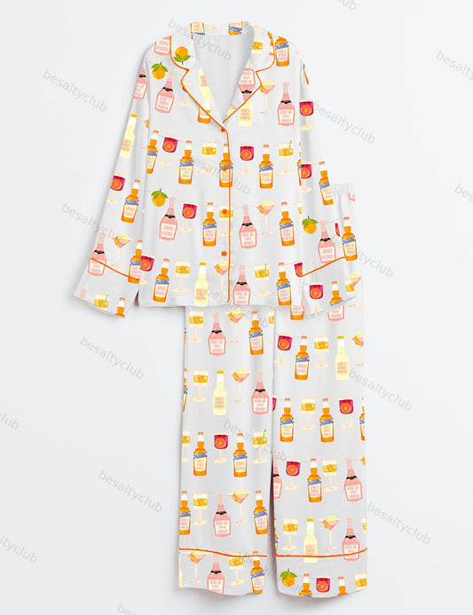 Aperol Spritz Themed Party Long Sleeve Satin Pajama Set