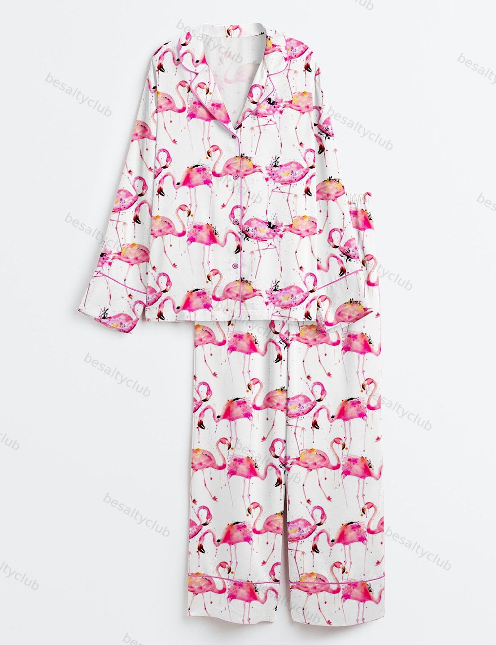 Flamingos Making A Splash Pink lamingo Print Long Sleeve Satin Pajama Set