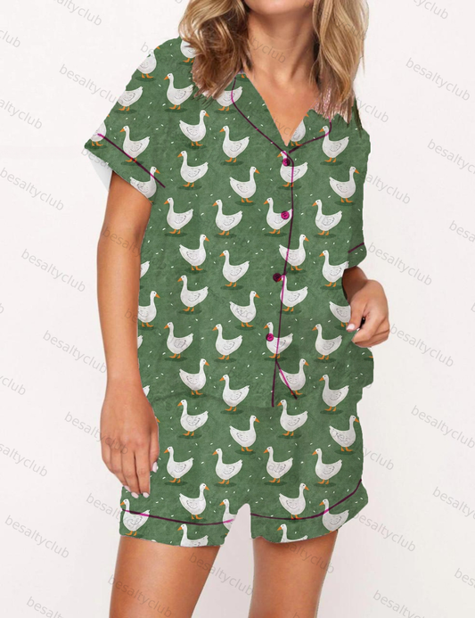 White Geese Print Satin Pajama Short Set