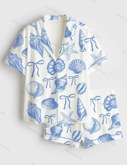 Coquette Seashell Summer Beach Coastal Blue Bow Print Short Sleeve Satin Pajama Set