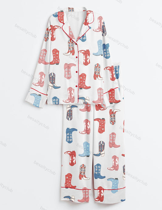 4th Of July Cowgirl Boots Long Sleeve Satin Pajama Set