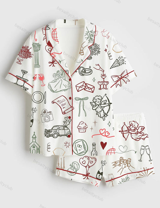 Hand-Drawn Wedding Icons Short Sleeve Satin Pajama Set