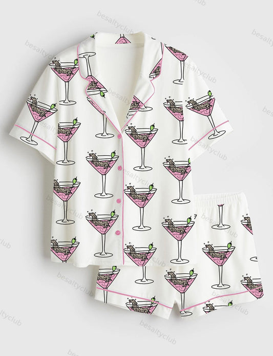 Weenies Martinis Dachshund Short Sleeve Satin Pajama Set