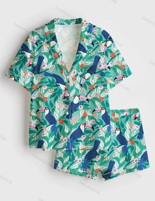 Whimsical Toucan Forest  Quirky Forest Jungle Birds Cute Toucan Print Short Sleeve Satin Pajama Set