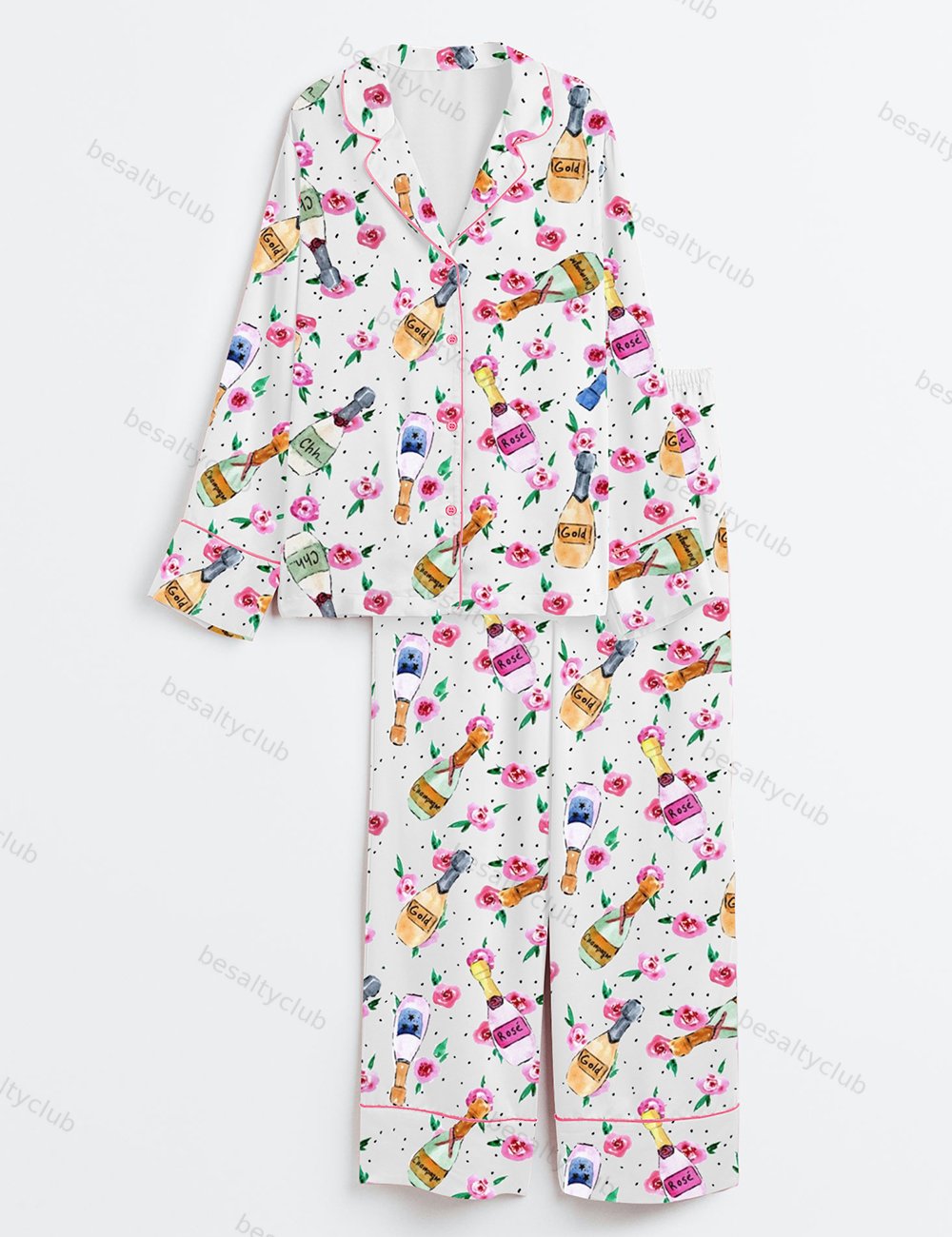 Champagne And Roses Long Sleeve Satin Pajama Set