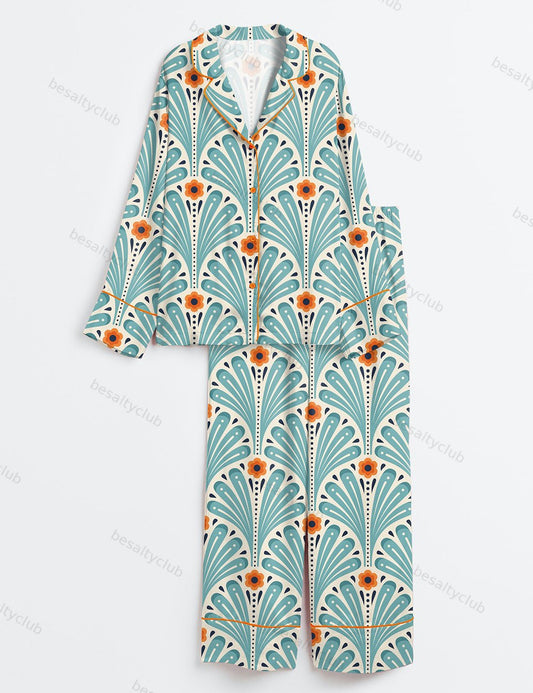 Tropical Maximalist Emerald Green Fans Sunset And Leaves Flowers Long Sleeve Satin Pajama Set