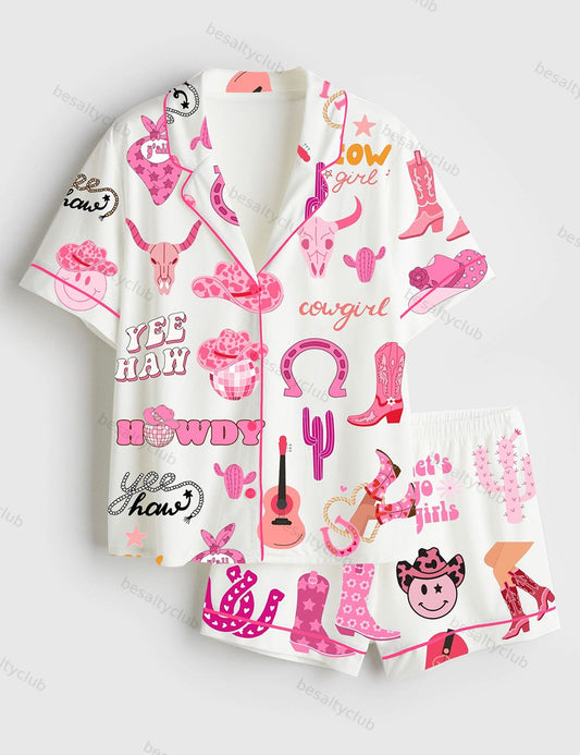 Cowgirl Boots Let's Go Disco Cowgirl Western Cow Skull Print Short Sleeve Satin Pajama Set