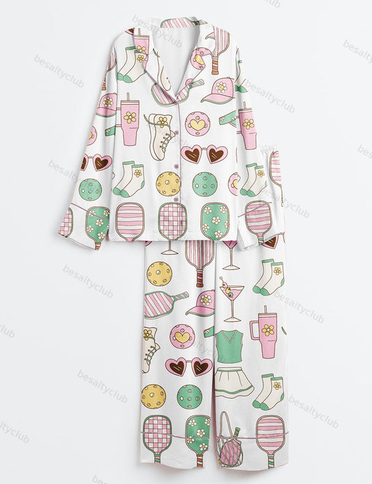 Pickleball Equipment Martini Long Sleeve Satin Pajama Set