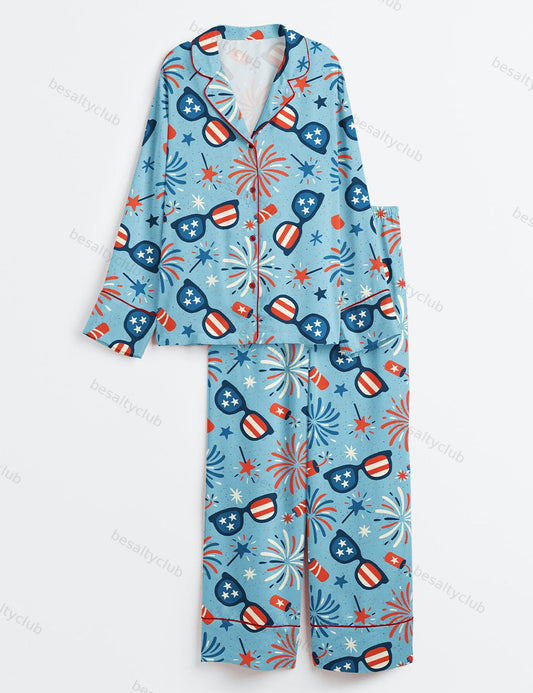 Patriotic Fireworks And Sunglasses 4th Of July Long Sleeve Satin Pajama Set