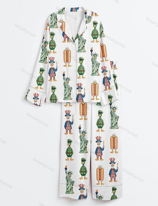 Patriotic Goose 4th Of July Silly Goose USA Goose Independence Day Patriotic Print Long Sleeve Satin Pajama Set