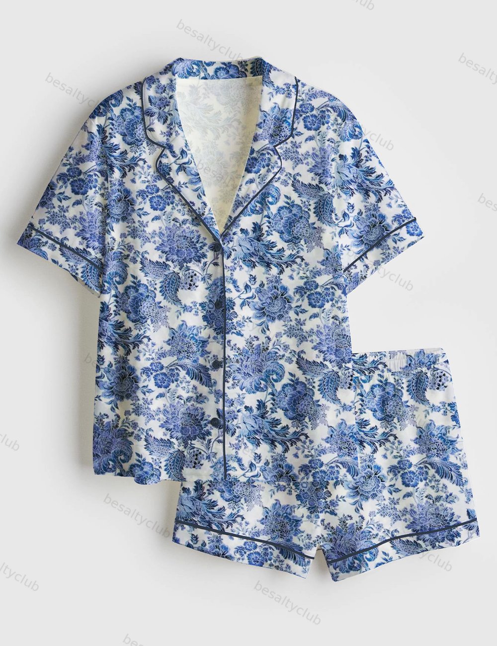 Rose To Fame Blue & White Floral Short Sleeve Satin Pajama Set