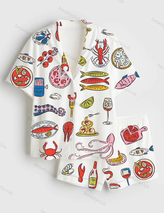 Seafood Pizza & Italian Food Mediterranean Dinner Short Sleeve Satin Pajama Set