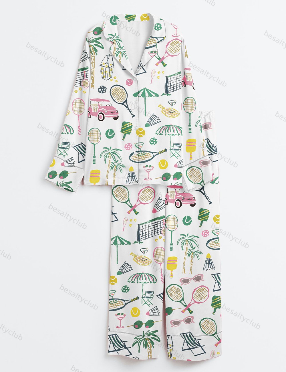 Hand Drawn Watercolor Tennis Bachelorette Party Country Club Tennis Pickleball Aesthetic Print Long Sleeve Satin Pajama Set